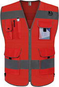 TCCFCCT Red Safety Vest for Men Women 9 Pockets Mesh High Visibility Reflective Vest for Safety, Work Vest with Reflective Strips, Meets ANSI/ISEA Standards, 5X-Large