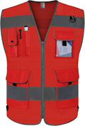 TCCFCCT Mesh Hi Vis Vest 9 Pockets High Visibility Reflective Safety Vest for Men Women, Safety Construction Vest with Reflective Strips, Meets ANSI/ISEA Standards, (Red, Medium)