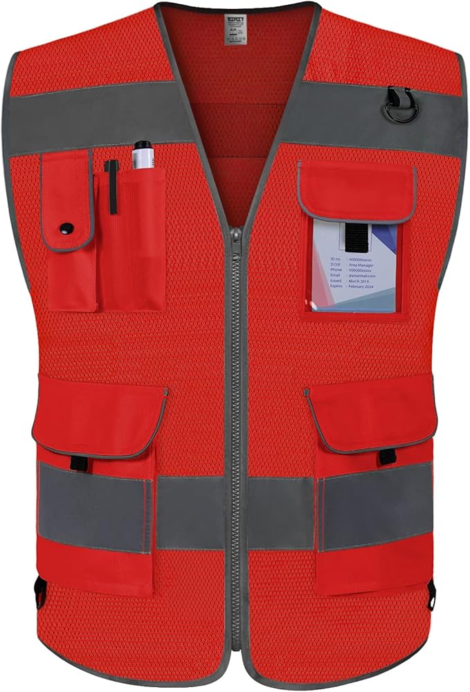 TCCFCCT Mesh Reflective Vest 9 Pockets High Visibility Safety Vest for Men Women, Hi Vis Construction Vest with Reflective Strips, Meets ANSI/ISEA Standards, (Red, Small)