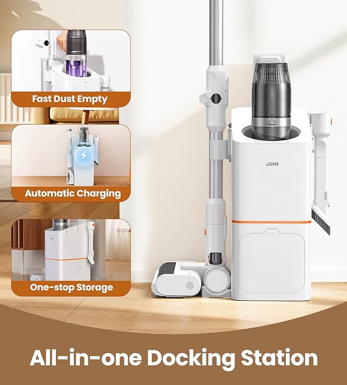 JONR VC08 Pro Cordless Vacuum Cleaner with Auto-Empty Station Powerful Suction, 2.5L Large Dust Bag, 3 in 1 Clean Staion, Rechargeable, Stick Vacuum for Pet Hair, Carpets & Hardfloor