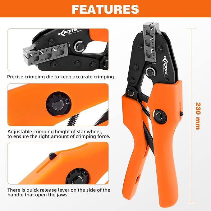 KF CPTEC Ferrule Crimping Tool for Wire Ferrules and End Sleeves, AWG 2-10 (6-35mm²) - Heavy Duty Electrical Terminal Crimper