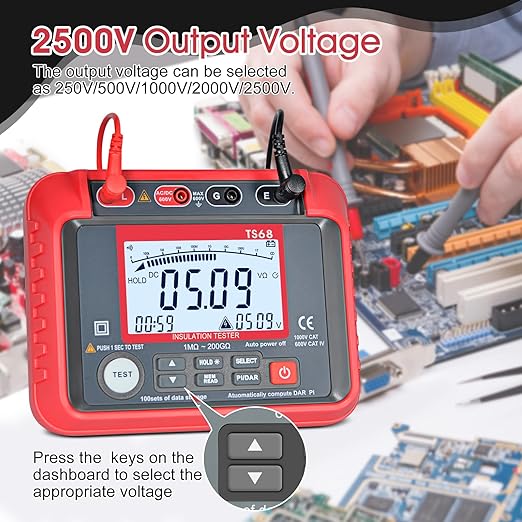 Megohmmeter, 250V-2500V Output Voltage Insulation Tester, 1MΩ-200GΩ Ohm Meter Multimeter, Grounding Tester with 100 Groups of Data Storage