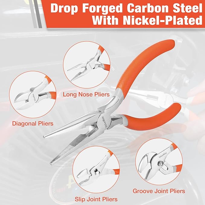 ValueMax 6-Piece Pliers Set, Includes 6 Inch& 4-3/4 Inch Long Nose Pliers, 6 Inch& 4-1/4 Inch Diagonal Pliers, 6 Inch Slip Joint Pliers, 8 Inch Groove Joint Pliers, Dipped Handle for DIY& Home Use