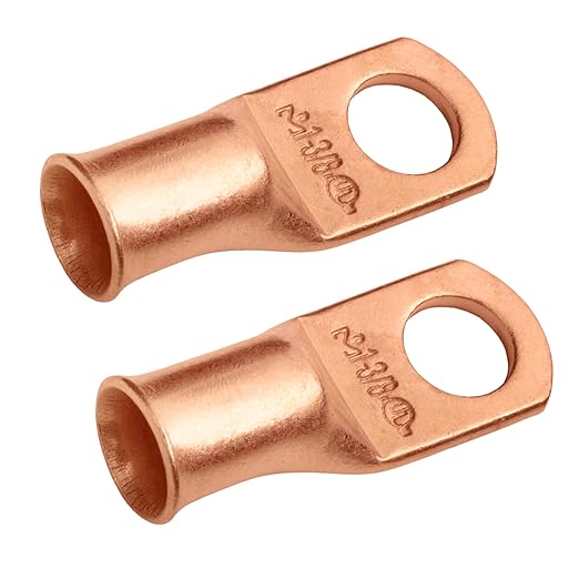 SELTERM 2pcs 1 AWG 3/8" Stud Copper Wire Lugs, Battery Lugs, Ring Terminals, Battery Cable Ends, 1 Gauge Ring Terminal Connectors, UL Heavy Duty Bare Copper Eyelets Battery Terminal Connectors