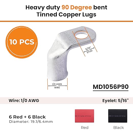 SELTERM 10pcs - 1/0 AWG 5/16" Stud 90° Bent Battery Lugs- Ring Terminal Connectors with 12pcs 3:1 Black & Red 3/4" Heat Shrink Tubing - Heavy Duty Battery Cable Ends - Tinned Copper Wire Connector Kit