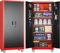 71" Metal Storage Cabinet with Wheels and Pegboard, Lockable Rolling Steel Storage Cabinet with 5 Adjustable Shelves and Door for Garage, Office, Kitchen, Assembly Required,Black and red