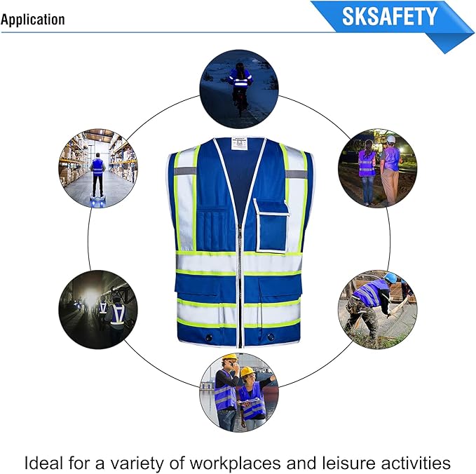 SKSAFETY 10 Pockets Safety Vest, Class 2 High Visibility Security with Zipper, Hi Vis Vest with Reflective Strips, ANSI/ISEA Standard, Construction Work Vest for Men ＆ Women （Blue, 3XL）