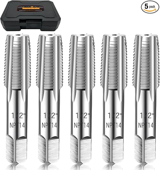 5-Piece NPT Pipe Tap Set, Precision Carbon Steel NPT Tap Thread Cutting Brill Bits Set for Clean Accurate Threads, 1/2" NPT Tap, Perfect for Plumbers Mechanics DIYers, with Durable Plastic Case.