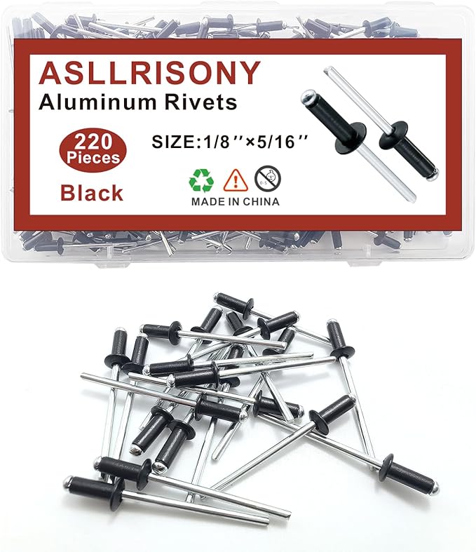 220pcs Black 1/8" x 5/16" Aluminum Blind Rivets, 3.2 x 8mm Pop Rivets,Aluminum Grip and Steel Mandrel