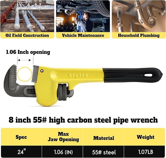 8 Inch Heavy Duty Pipe Wrench, Forged High Carbon Steel Adjustable Wrench with Non-Slip Serrated Jaws, Compact Plumbing Tool for Tight Spaces