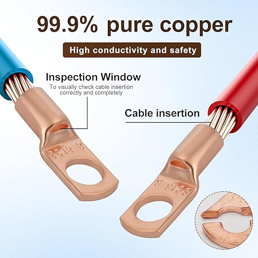 Thick Copper Electric Wire Lugs,10Pcs Bare Copper Gauge 6Awg-5/16(M8) Ring Heavy Duty Battery Cable Lugs Ends Ring Terminals Connectors with 10Pcs 3:1 Heat Shrink Tubing Assortment Kit