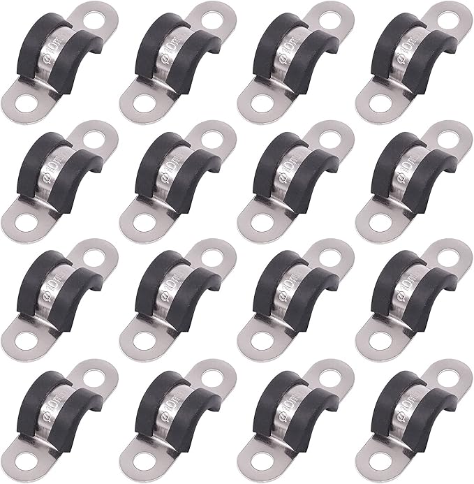 Glarks 16Pcs 10MM 2 Hole U-Tube Strap Clamp Set 304 Stainless Steel Rubber Cushion Rigid Pipe Strap U Bracket Tube Strap Assortment Kit For Pipe Tube Fixing (10mm)