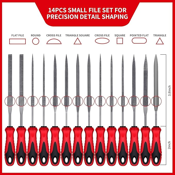 57Pcs Metal & Wood File Rasp Set,Grade T12 Forged Alloy Steel, Half-round/Round/Triangle/Flat 4pcs Large Tools, 14pcs Needle Files and a pair of Electric Files, a brush and 36pcs emery papers
