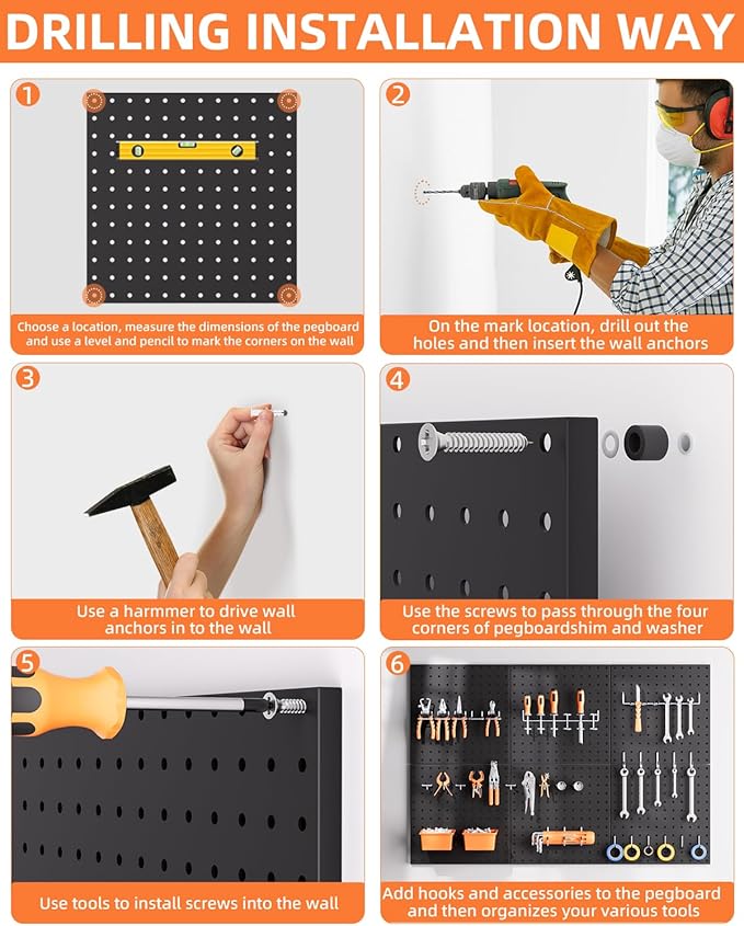 INCLY 6 Pack 12"x12" Black Metal Pegboard Panels, Heavy Duty Pegboard Wall Organizer with Frame, Black Peg Board for Walls, Garage, Workbench, Shed, Kitchen, Craft Room Tool Organization