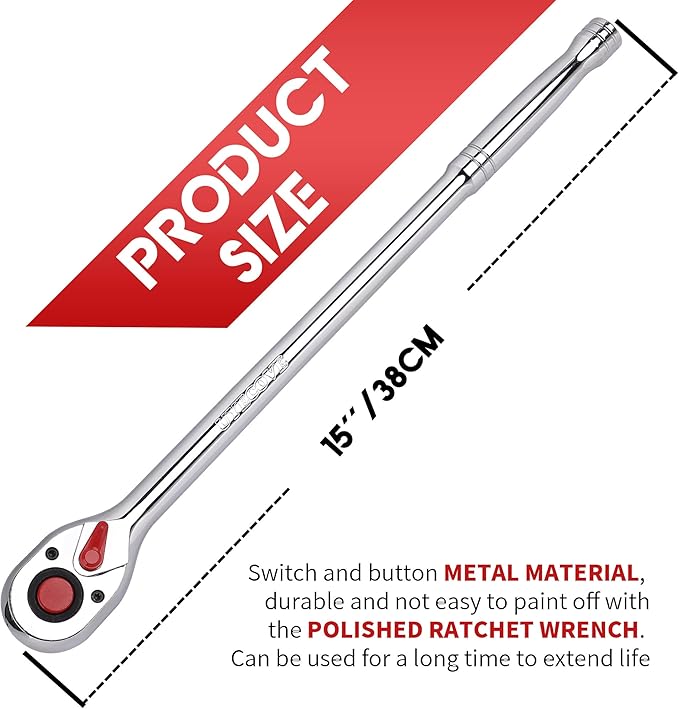 1/2 Inch Drive Ratchet Wrench, 1/2 Ratchet Wrench Long Handle, Socket Wrench, 72-Tooth Quick-release Reversible Cr-Mo Head, Chrome Steel Made - 15''38cm