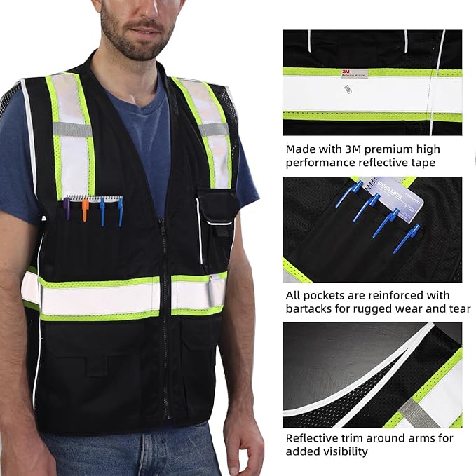 Dib Safety Vest Reflective Black Mesh, High Visibility Vest with Pockets and Zipper, Heavy Duty Vest Made with 3M Reflective Tape 3XL
