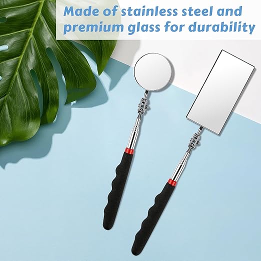 2 Pieces Telescoping Inspection Mirror, 360° Swivel Extendable Mechanic Automotive Mirrors Tools, Rectangular Round Mirror on a Stick for Mechanics, Automotive Repair, Contractors, Home Inspection