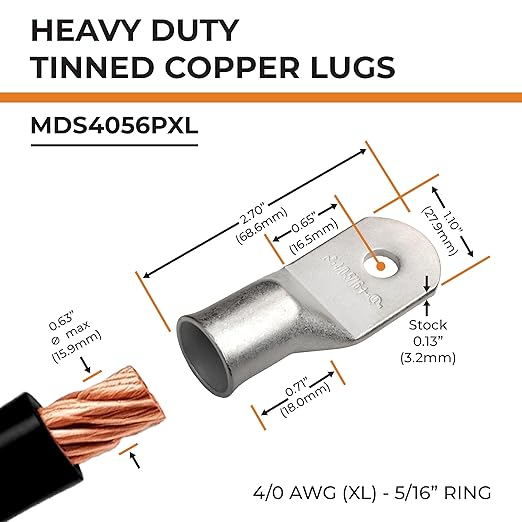 SELTERM 5pcs 4/0 AWG (XL) 5/16" Stud Tinned Copper Wire Lugs,Battery Lugs,Ring Terminals, Battery Cable Ends, 0000 Gauge Ring Terminal Connectors,UL Marine Grade Electrical Battery Terminal Connectors