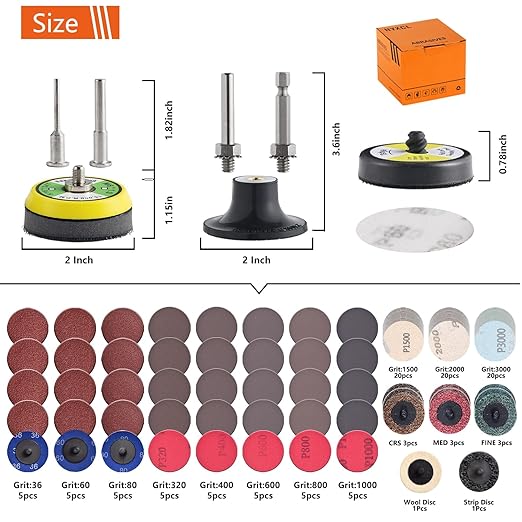 117 Pack 2 inch Hook & Loop Quick Change Sanding Discs Set for Drill Sanding Attachment, Headlight Restoration & Multi-Surface Sanding, Wet/Dry Use, 36-3000 Grit