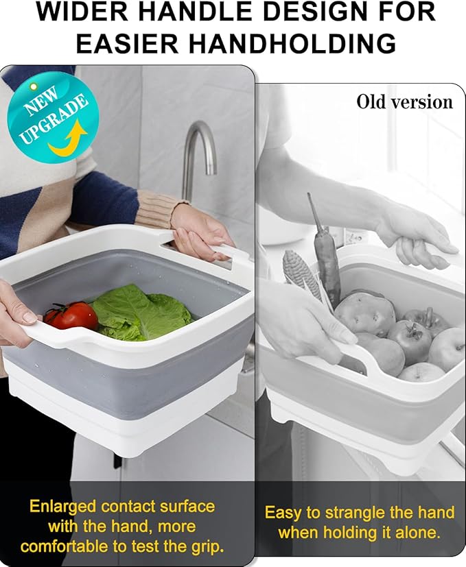 Collapsible Wash Basin with Drain Plug 9L (2.4Gal), Dishpan for Washing Dishes Basin,Collapsible Dish Tub Portable Sink for Kitchen Sink, Camping RV Washing Tub(Gray)
