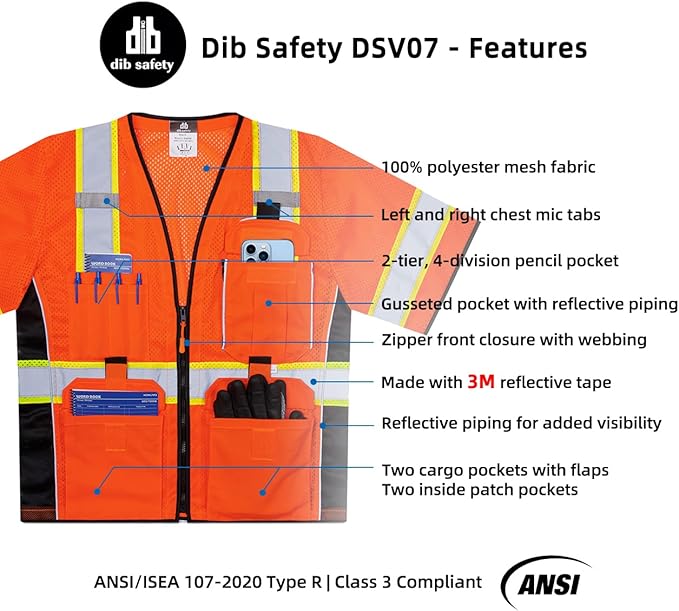 Dib Safety Reflective Mesh Vest ANSI Class 3, High Visibility with Pockets and Zipper, Made with 3M Reflective Tape, Orange L