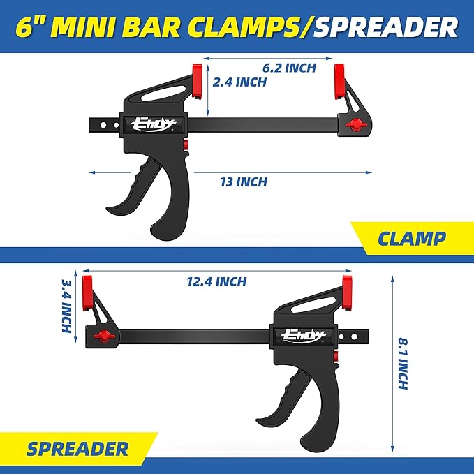 Bar Clamps for Woodworking, One-Handed Clamp/Spreader, 6-Inch Wood Clamps Set, Light-Duty Quick-Change F Clamp with 130 lbs Load Limit, 4-Pack