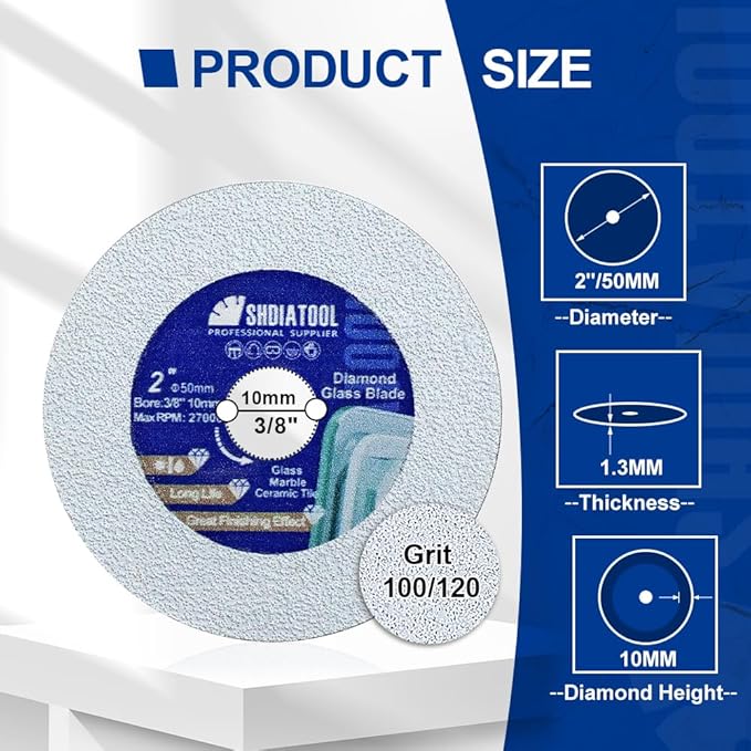 SHDIATOOL Glass Diamond Cutting Disc 2-Inch Saw Blade, Ultra-Thin Cut Off Wheel for Tile Ceramic Porcelain Marble 50mm (10 of Pack)