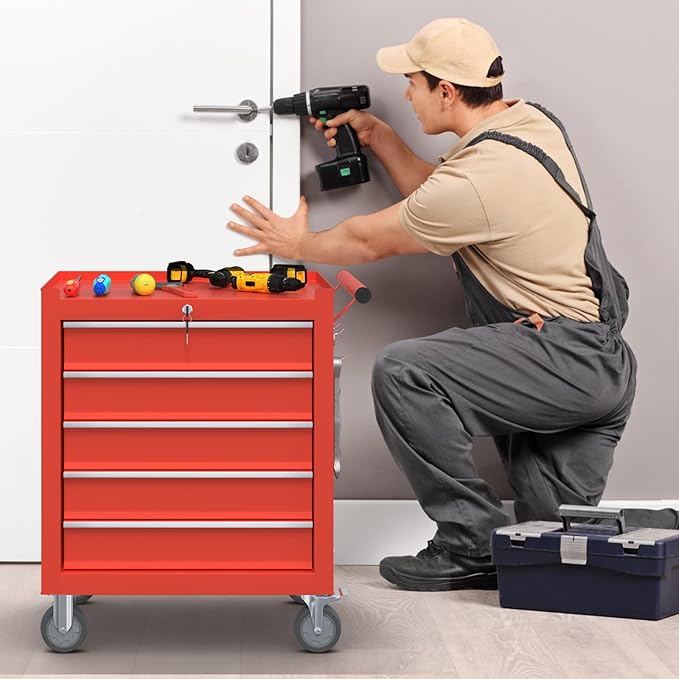 5-Drawer Rolling Tool Box, Metal Tool Chest with Wheels and Locking, Portable for Warehouse, Garage, Repair Shop, Workshop (Red, 5-Drawer)