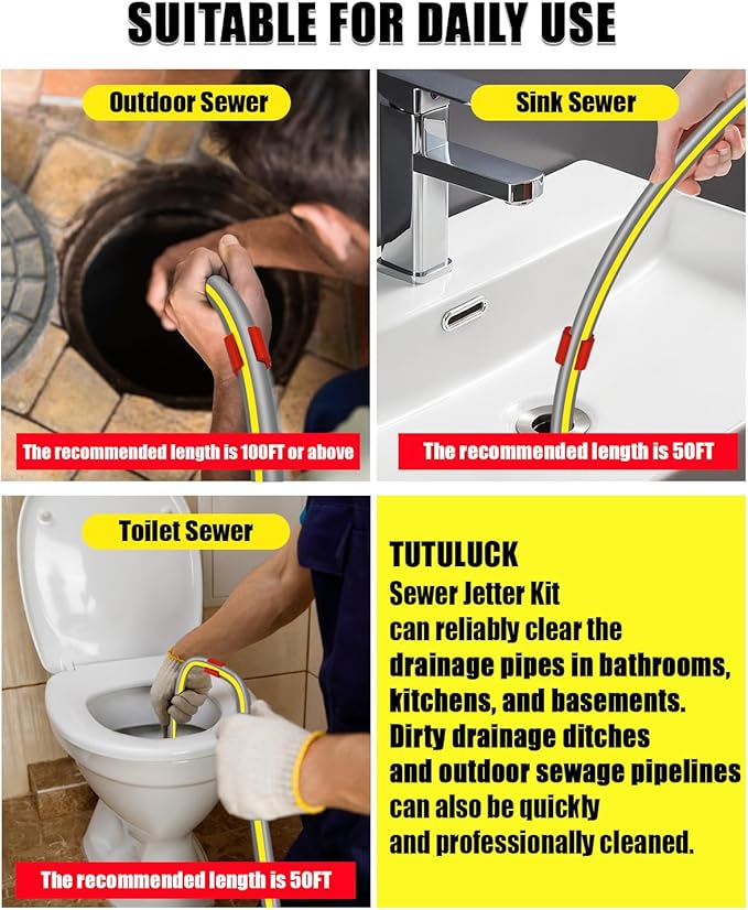 Sewer Jetter Kit for Pressure Washer 25FT, Drain Cleaner Hose 5800PSI 1/4 Inch NPT Corner with Sewer Cleaning Tool High Pressure Nozzle and Spanner Waterproof Tape