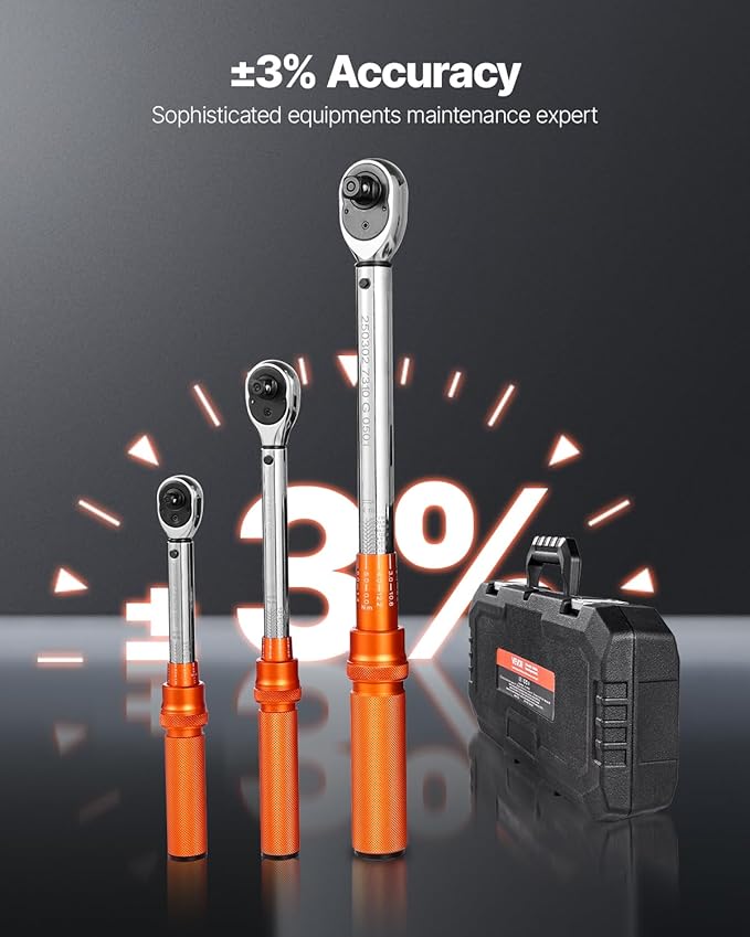 VEVOR Click Torque Wrench Set, 3 Pieces, 1/4, 3/8, 1/2 Inch Drive, 10-170 lbf-ft, 5-45 lbf-ft, 20-240 lbf-in, Dual-direction and Dual Range Scales, 72-Tooth, ±3% High Precision, for Bicycle Repair