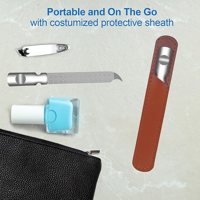 Metal Nail File for Natural Nails, Stainless Steel Nail Files with Sharp Pointed Tip Fingernail File Sheath Case Double Sided Curved Reusable Nail File Manicure Tools Home Salon Travel Use Men Women