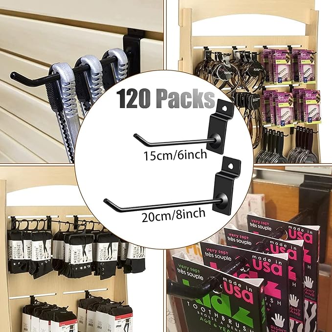 120 Packs Slatwall Hooks 6 and 8 Inch Slatwall Accessories Slat Wall Hooks Heavy Duty Pegboard Hooks for Room Garage Shop Retail Display