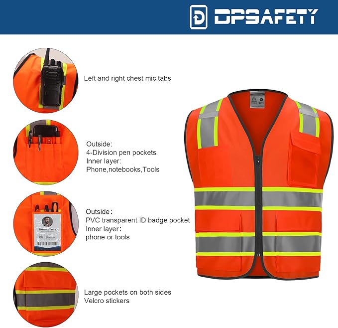 9 Pockets High visibility Class 2 Safety Vest，Hi Vis Vest with 2 inch wide Reflective Strips security vest with Zipper construction work vest for men &women Orange，Medium