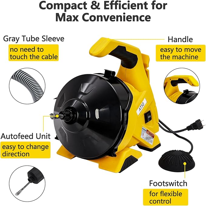 PIONEERWORKS Drain Cleaner Machine 30Ft x 3/10In, Auto-feed Electric Drain Auger for 3/4In - 2In Pipes, Cable in Piano Wire, with Foot Switch, Sewer Snake for Sinks, Toilets, and Floor Drains - DA05