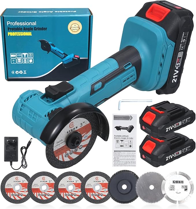 Cordless Angle Grinder Kit, 19000rpm Brushless Mini Angle Grinder with 2PCS 2000mAh Battery & 7pcs Cutting Discs, 21V Electric Cordless Grinder Tool for Metal Wood Polishing Rust Removal