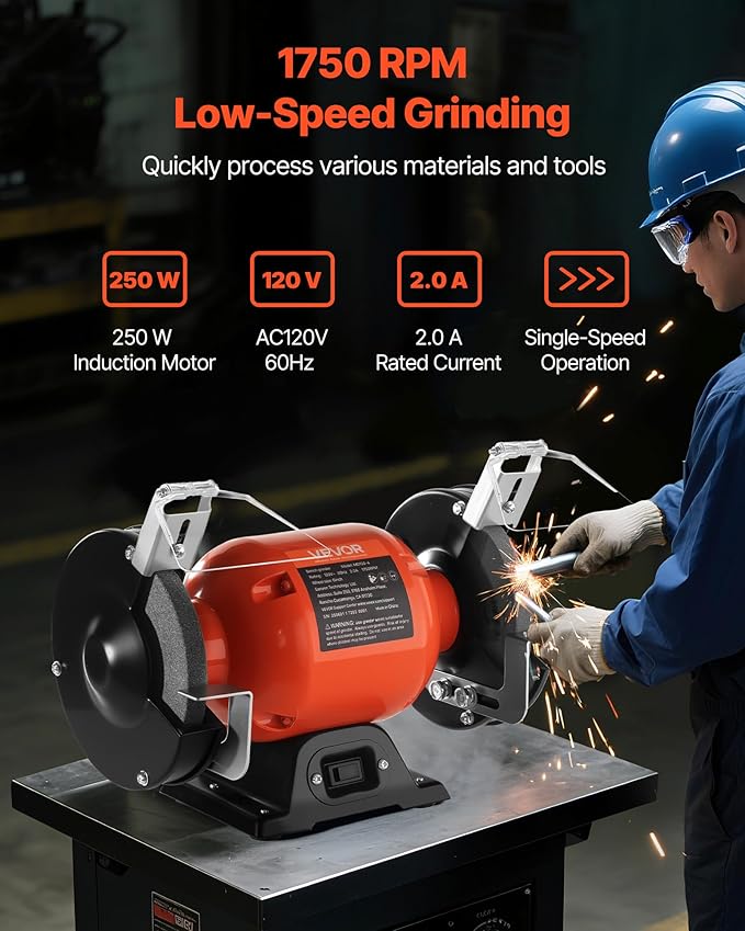 VEVOR Bench Grinder, 6-inch Single Speed Bench Grinder, 1750RPM Low-Speed Table Grinders with 250W 2A Induction Motor, 36/60-Grit Grinding Wheels & Adjustable Tool Rest for Precise Sharpening Grinding