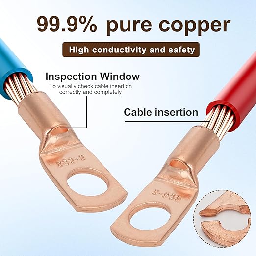 Thick Copper Electric Wire Lugs,20Pcs Bare Copper Gauge 12-10Awg-1/4(M6) Ring Heavy Duty Battery Cable Lugs Ends Ring Terminals Connectors with 20Pcs 3:1 Heat Shrink Tubing Assortment Kit