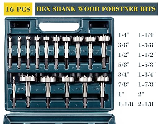 INTOO Hex Shank Forstner Bit Set 16 pcs Multi Sided Shank Wood Drill bit Set