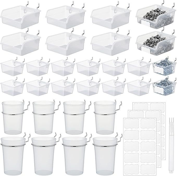 64 Pieces Pegboard Bins Pegboard Cups with Hooks and Loops Peg Hooks Assortment Organizer Accessory for Organizing Accessories Tools Storage Office Workshop Garage Workbench (Transparent)