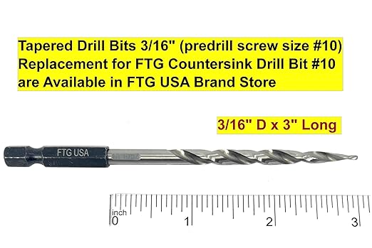 FTG USA Countersink Drill Bit for Wood with Tapered Drill Bit #10 (3/16")