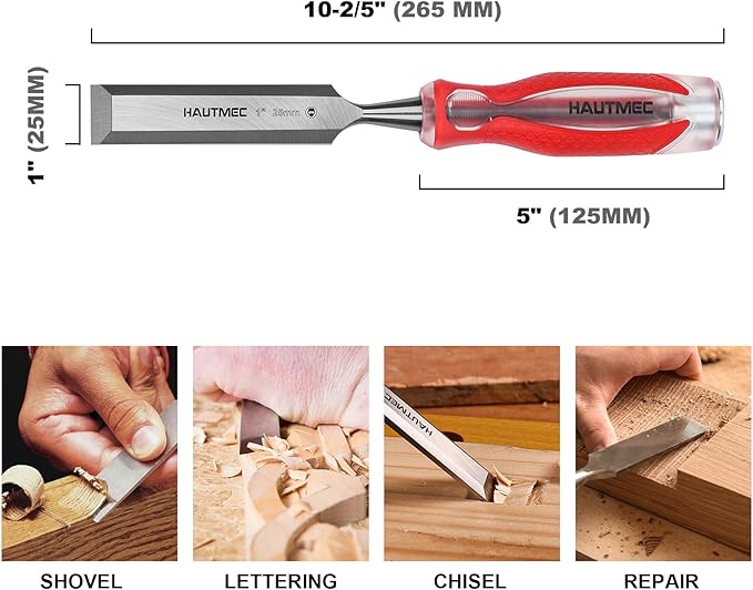 HAUTMEC 1" Wood Chisel – High-Impact Drop-Forged CRV Steel, Fully Polished Beveled Edge Blades, Heavy-Duty Strike Cap & Extended Anti-Skid Handle – HT0362