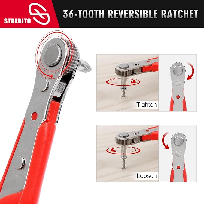 STREBITO Right Angle Screwdriver 14 Piece Mini Ratchet Set, Offset Screwdriver Low Profile Ratchet Screwdriver Set with 1/4 Ratchet, Hex, Phillips, and Torx, EDC Bit Driver for Tight Spaces, Bike