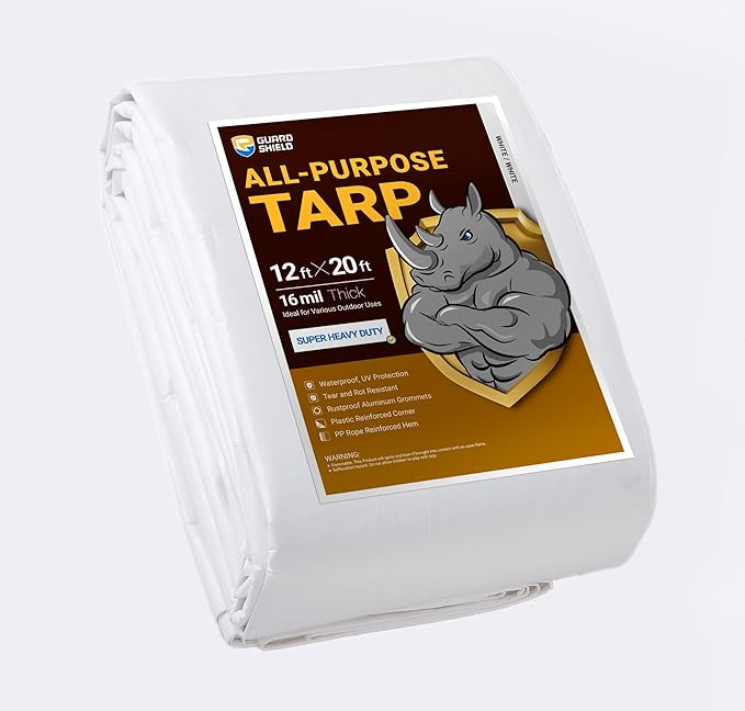 GUARD SHIELD Super Heavy Duty White Ploy Tarp Cover 12x20 Feet Waterproof Tarps 16mil Thick UV and Tear Resistant Tarpualin