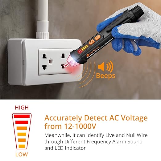 Neoteck 12-1000V AC Non-Contact Voltage Tester Detector with Led Flashlight Buzzer Alarm Live/Null Wire Judgment- Black