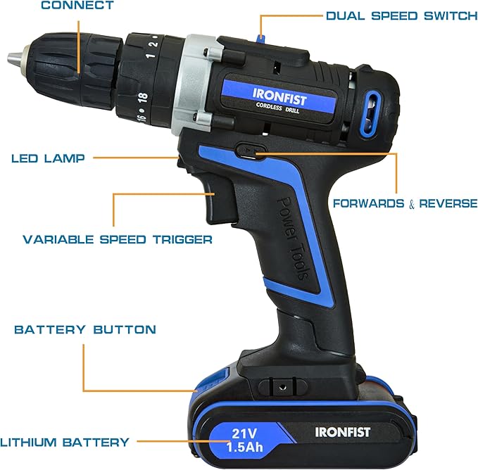 Cordless Drill, 2 Variable Speed Impact Driver 45Nm Torque, 3/8" Keyless Chuck Drill/Driver Sets, 2 Batteries and Charger