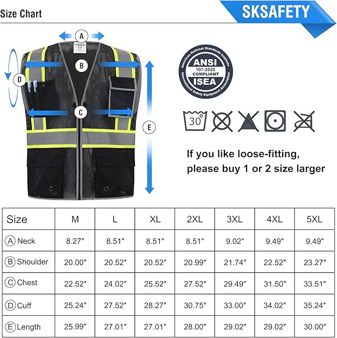 SKSAFETY 10 Pockets Safety Vest, Class 2 High Visibility Security with Zipper Double-sided mesh, Hi Vis Vest with Reflective Strips, ANSI/ISEA Standard, Construction Work Vest （Black, 3XL）