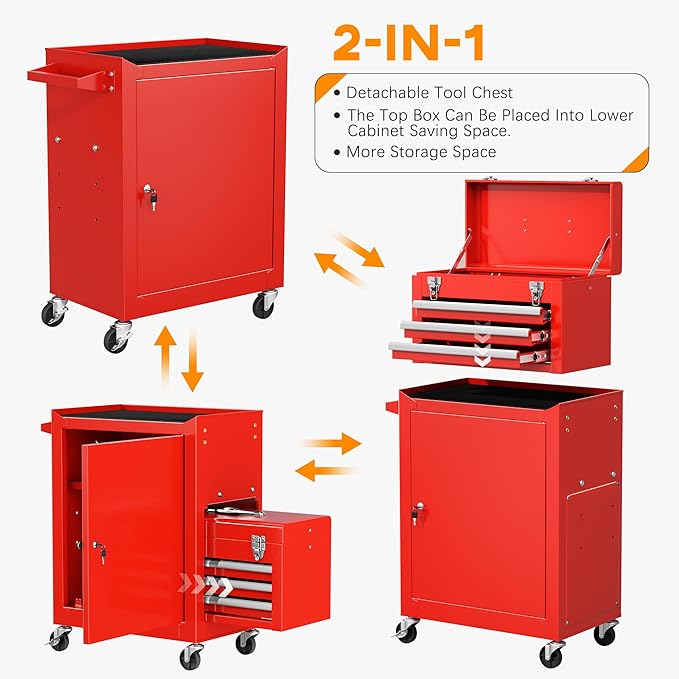 INTERGREAT Tool Chest Cabinet, 3-Drawer Rolling Tool Chest with Detachable Top Tool Box, Tool Storage Cabinet with Universal Lockable Wheels, Metal Tool Cart for Garage, Workshop, Barbershop(Red)