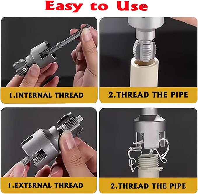 Pipe Threading Tool Kit with Internal & External Threader, 1/2"+ 3/4" Pipe Sizes Rethreading Tool,Pipe Thread Cutting Tool, Electric Drill Compatible PVC Pipe Threader Kit, Pipe Sizes Rethreading Tool