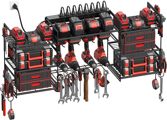 CCCEI Black Power Tool Organizer Wall Mount, Large Tools and Battery Storage Rack Charging Station Individual Switches. Drills Holder, Garage Utility Shelves with 10FT Power Strip. Gift for Men.