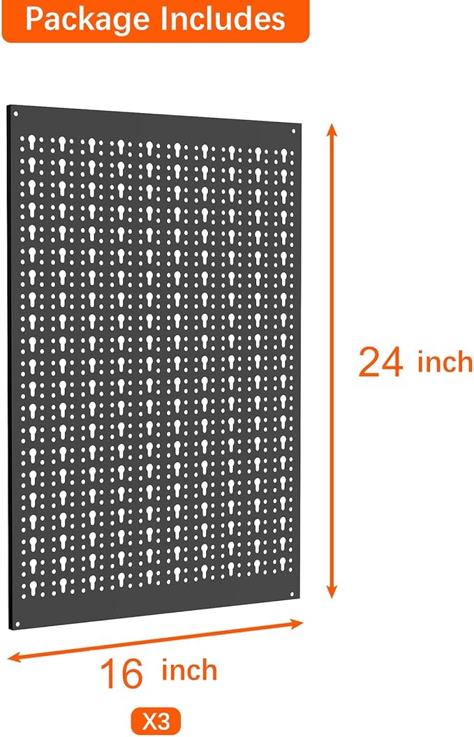 TORACK 3Pcs Metal Pegboard Panels for Garage Wall Utility Tools Storage Pegboard for Workbench, Modular Peg Board Tool Organizer Board Kit(Pack of 3, Black)